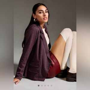 Anthropologie Burgundy Checkered Blazer